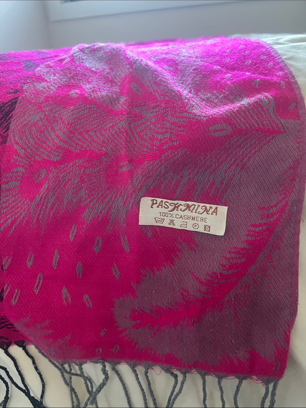 pashmina Bright Fuchsia and Gray Cashmere Blend Scarf